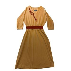 Vintage Strait Lane Tan Knit Midi Dress Rust Leaf Applique Belted V-Neck 70s 80s